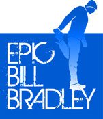 A man standing on one foot in front of the words " epic bill bradley ".